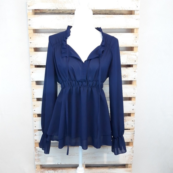 BOUTIQUE BRAND Tops - BOUTIQUE NAVY BLUE RUFFLED BLOUSE